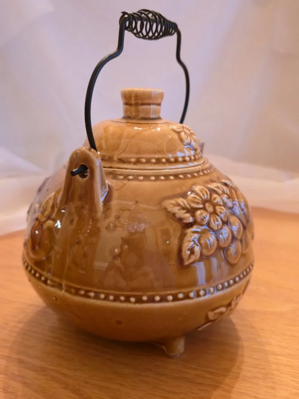 Vintage Footed Teapot with Fall Harvest Fruit Theme, Mustard Color Made in Japan